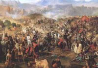 Illustration dramatique de la Bataille d'Oued Al Makhazin, également connue sous le nom de Bataille des Trois Rois, montrant des cavaliers et des soldats en plein combat.