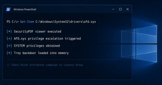 Illustration of cyber attack with Lazarus Group logo and Windows icon