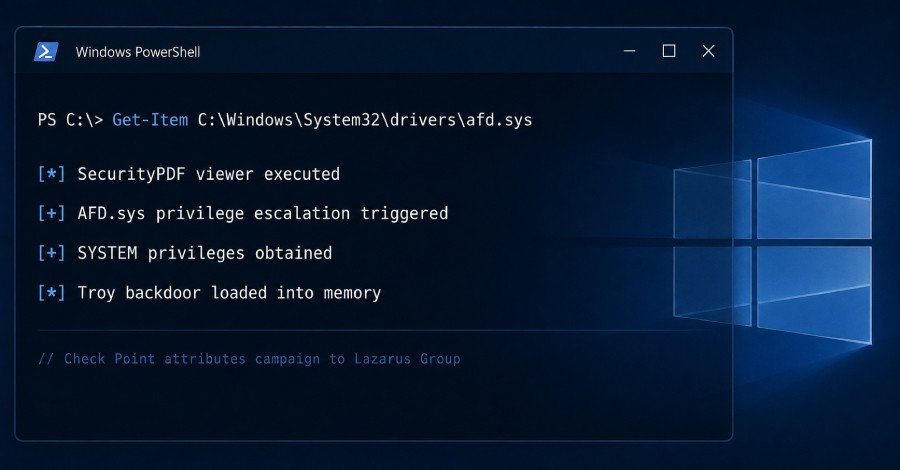 Illustration of cyber attack with Lazarus Group logo and Windows icon
