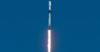 Illustration of a SpaceX Falcon 9 rocket impacting the lunar surface, creating a visible debris plume.