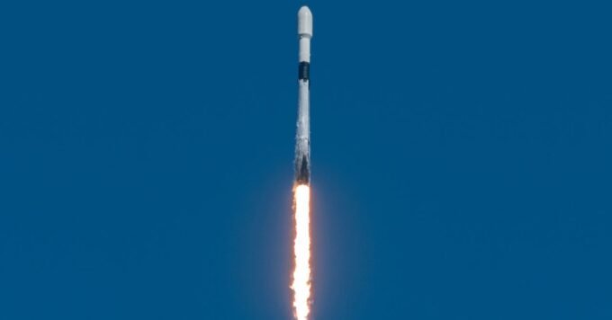 Illustration of a SpaceX Falcon 9 rocket impacting the lunar surface, creating a visible debris plume.
