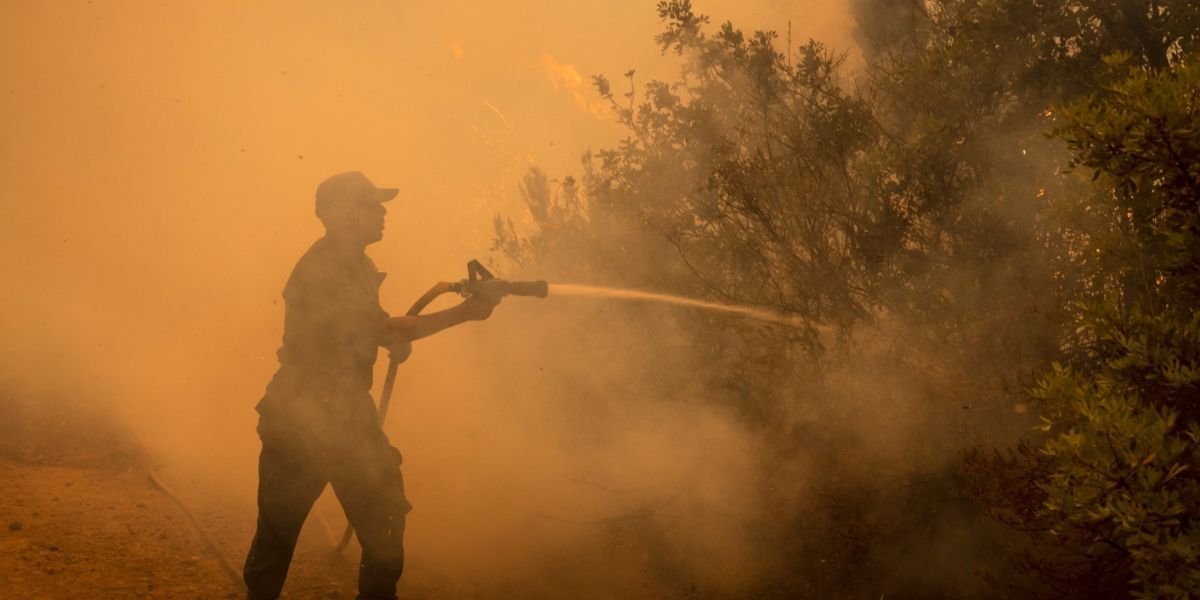 Vue aérienne d'un feu de forêt intense dévorant une vaste étendue de végétation dans le Var, avec des panaches de fumée s'élevant dans le ciel.