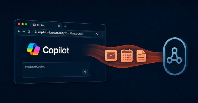 A digital illustration showing the Microsoft Copilot logo with data flowing out, symbolizing a security vulnerability and data exfiltration.