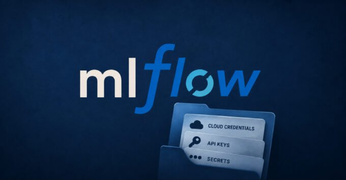 Illustration of cyber attack targeting AI and industrial systems, with MLflow and FUXA logos in the background.