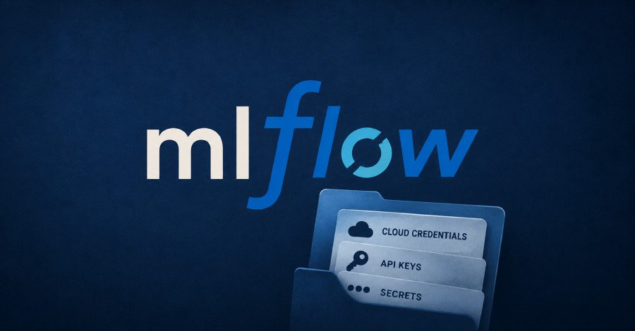 Illustration of cyber attack targeting AI and industrial systems, with MLflow and FUXA logos in the background.