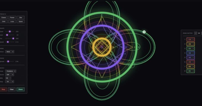 Screenshot of Musical Spirograph interface showing colorful geometric patterns generating music