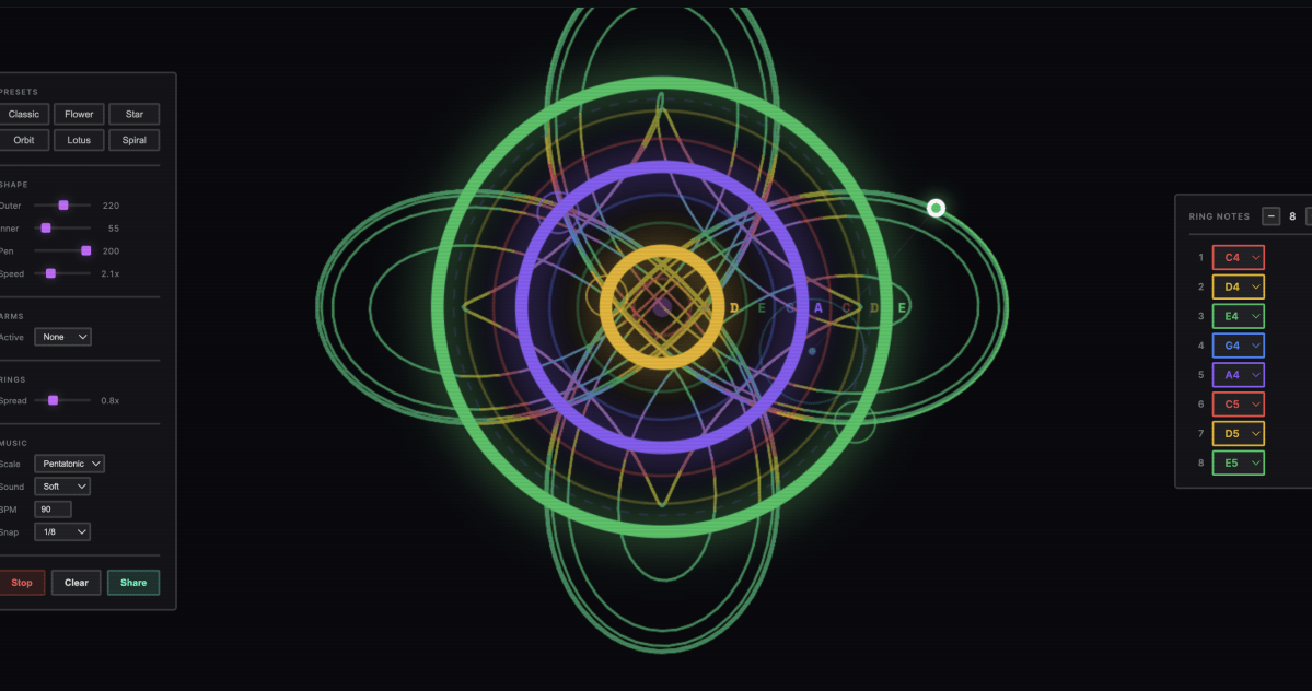 Screenshot of Musical Spirograph interface showing colorful geometric patterns generating music