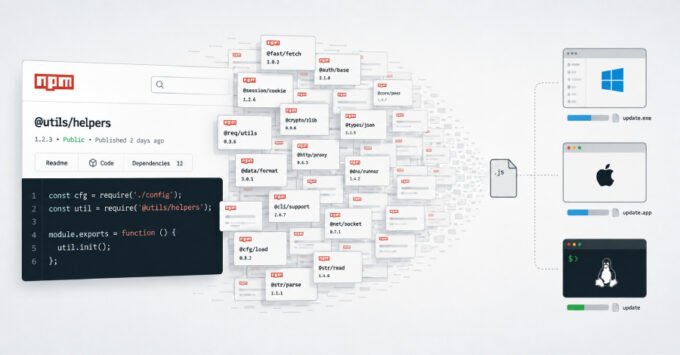 Illustration of a compromised npm package or a digital threat targeting multiple operating systems.