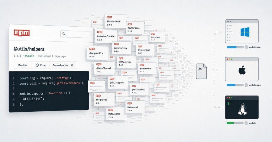Illustration of a compromised npm package or a digital threat targeting multiple operating systems.