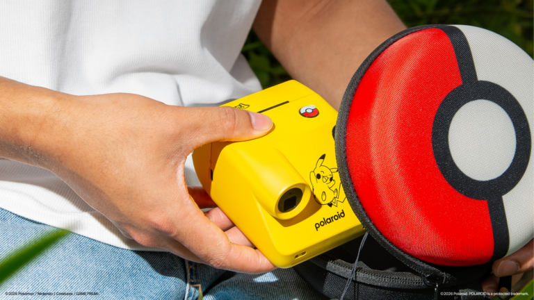 A collection of Polaroid instant cameras featuring Pikachu, Sylveon, and Poké Ball designs, along with themed film and accessories.