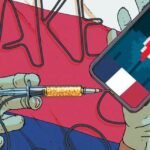 Illustration de l'influence russe sur la politique française, avec des symboles de la France et de la Russie, et des silhouettes de personnalités politiques comme Glucksmann, Attal et Philippe, sous une lumière de surveillance.