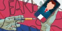 Illustration de l'influence russe sur la politique française, avec des symboles de la France et de la Russie, et des silhouettes de personnalités politiques comme Glucksmann, Attal et Philippe, sous une lumière de surveillance.