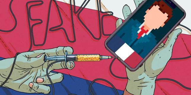 Illustration de l'influence russe sur la politique française, avec des symboles de la France et de la Russie, et des silhouettes de personnalités politiques comme Glucksmann, Attal et Philippe, sous une lumière de surveillance.