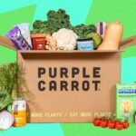 A vibrant, freshly prepared vegan meal from Purple Carrot, showcasing colorful vegetables and herbs.