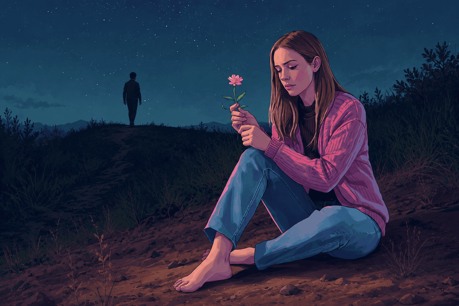 A wilting flower in fertile soil, symbolizing a relationship that didn't bloom despite a healthy environment.