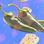 Various food items like jalapeños, eggs, and granola with a warning sign, symbolizing a Salmonella outbreak and food recall.