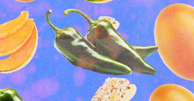 Various food items like jalapeños, eggs, and granola with a warning sign, symbolizing a Salmonella outbreak and food recall.