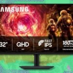 Samsung 32-inch Odyssey G5 gaming monitor displaying a vibrant game scene, highlighting its immersive QHD display and sleek design.