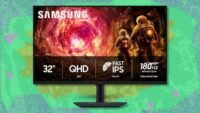 Samsung 32-inch Odyssey G5 gaming monitor displaying a vibrant game scene, highlighting its immersive QHD display and sleek design.