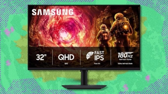Samsung 32-inch Odyssey G5 gaming monitor displaying a vibrant game scene, highlighting its immersive QHD display and sleek design.