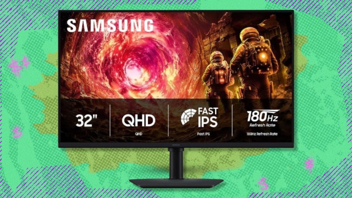 Samsung 32-inch Odyssey G5 gaming monitor displaying a vibrant game scene, highlighting its immersive QHD display and sleek design.