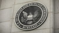 U.S. Securities and Exchange Commission (SEC) building with blockchain graphics overlay