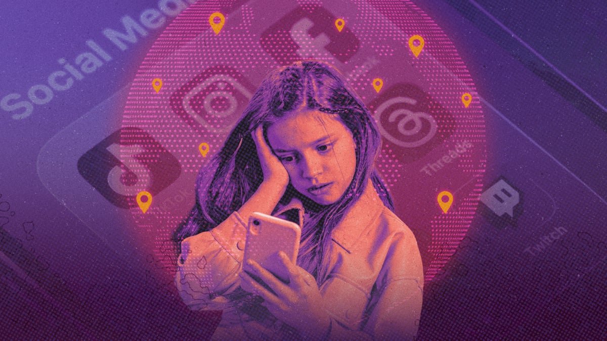 A child's hand holding a smartphone, with social media app icons blurred in the background, symbolizing restrictions and online safety.