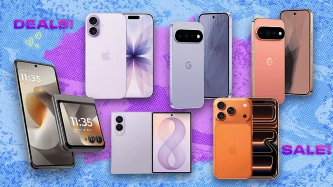A collage featuring the Apple iPhone 17, Samsung Galaxy Z Fold 8, Google Pixel 11, and Motorola Razr smartphones, highlighting T-Mobile's free phone offers.
