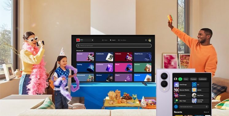 Logos Samsung et Spotify, symbolisant leur partenariat pour une expérience d'écoute Premium enrichie sur les appareils connectés au Maroc.