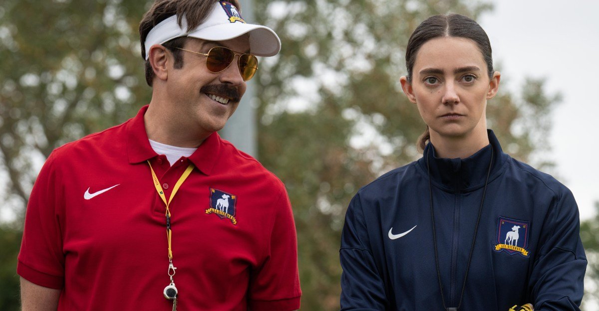 Ted Lasso (Jason Sudeikis) coaching a new women's football team, symbolizing the show's soft reboot for Apple TV+.