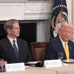 Former President Donald Trump shaking hands with a group of cryptocurrency CEOs at a White House meeting.