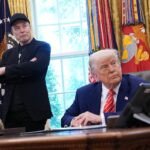 Former President Donald Trump with a SpaceX rocket in the background, symbolizing his investment in the company.