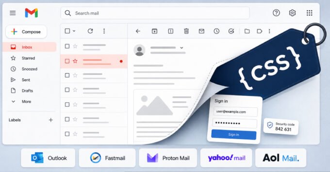 Illustration of a secure email interface being breached by malicious code, representing CSS webmail attacks.