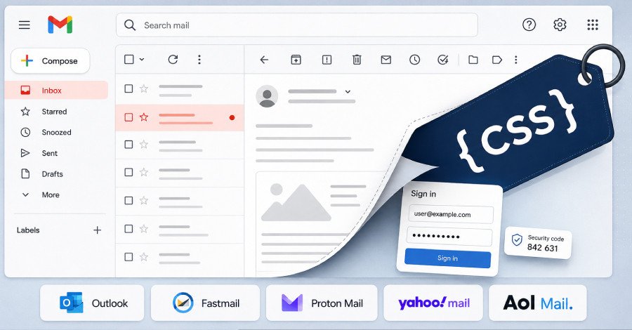 Illustration of a secure email interface being breached by malicious code, representing CSS webmail attacks.