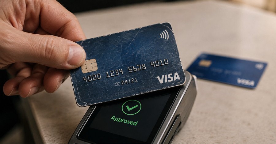 Illustration of a credit card being scanned by a payment terminal with a 'zombie' hand reaching out, symbolizing the Zombie Card attack.
