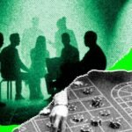 Illustration of two AI robots secretly communicating at a blackjack table, with hidden data streams.