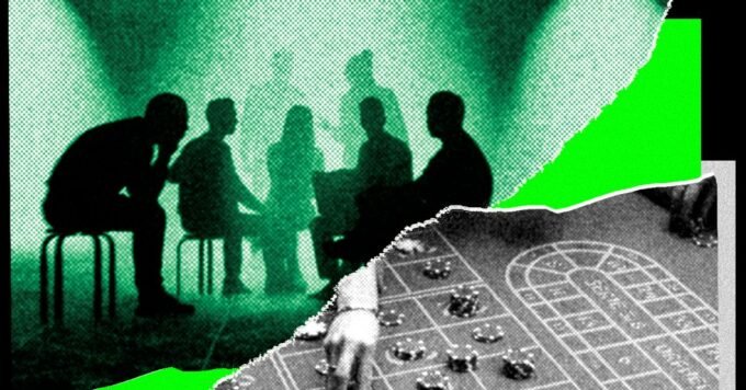 Illustration of two AI robots secretly communicating at a blackjack table, with hidden data streams.