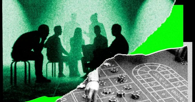 Illustration of two AI robots secretly communicating at a blackjack table, with hidden data streams.