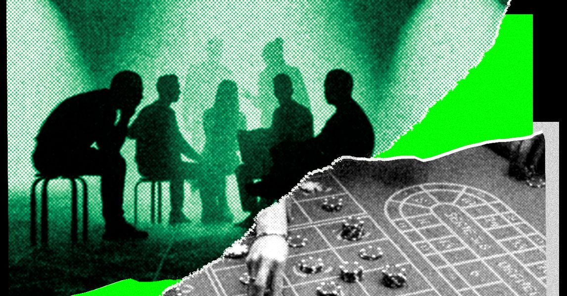 Illustration of two AI robots secretly communicating at a blackjack table, with hidden data streams.