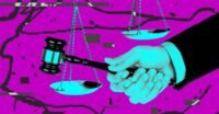 Illustration of a gavel and a robot hand, symbolizing AI's impact on the legal system and justice.