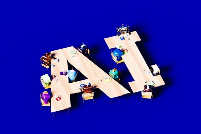 A conceptual image showing a team of AI robots collaborating on marketing tasks, with a human overseeing a central dashboard.