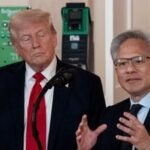 Donald Trump speaking on a phone with Jensen Huang, CEO of Nvidia, on a large screen at a tech summit.