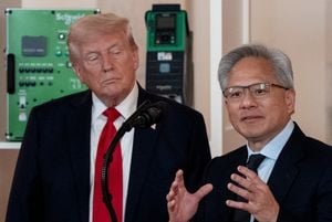 Donald Trump speaking on a phone with Jensen Huang, CEO of Nvidia, on a large screen at a tech summit.