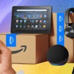 A vibrant collage representing Amazon Prime benefits, including a fast-shipping box, a music player icon, a video play button, and a shopping cart with a discount tag.