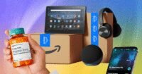 A vibrant collage representing Amazon Prime benefits, including a fast-shipping box, a music player icon, a video play button, and a shopping cart with a discount tag.