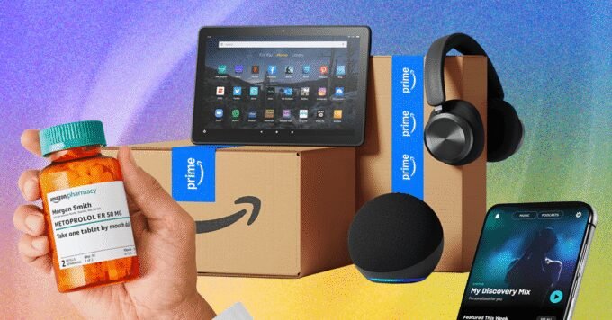 A vibrant collage representing Amazon Prime benefits, including a fast-shipping box, a music player icon, a video play button, and a shopping cart with a discount tag.