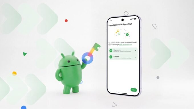 Seamless Security: Google Revolutionizes Password Manager Switching on Android 9 Illustration of Android phone displaying a password manager interface with arrows indicating seamless data transfer between apps, highlighting Google's new migration feature.