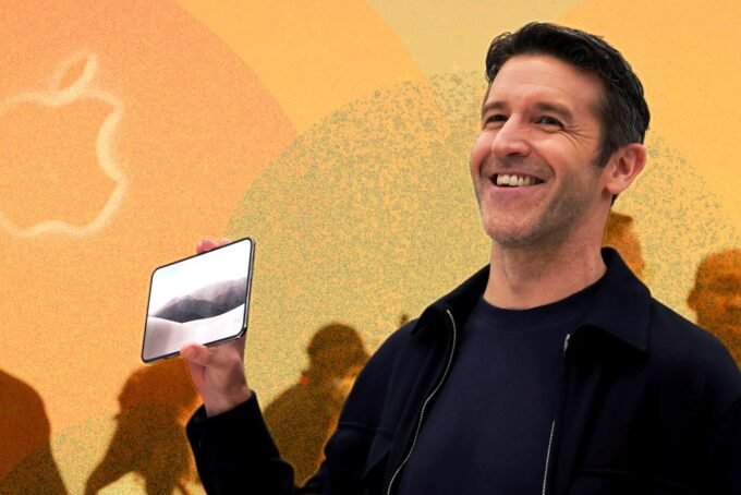 Apple CEO John Ternus holding the new foldable iPhone Duo, with the iPhone 18 Pro and Pro Max in glacier color also visible.