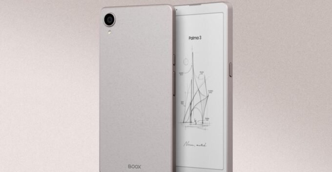 The Boox Palma 3 e-reader with its sleek anodized aluminum frame and paperlike fiberglass backplate, showcasing its compact design.