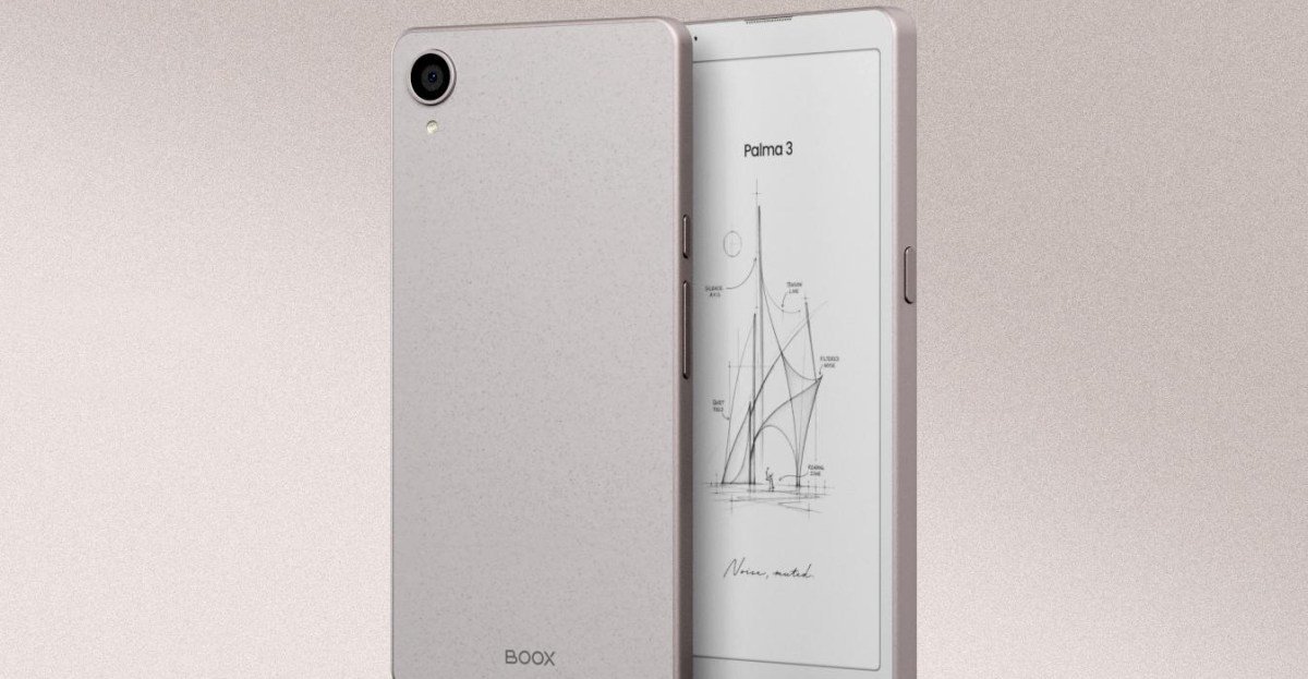The Boox Palma 3 e-reader with its sleek anodized aluminum frame and paperlike fiberglass backplate, showcasing its compact design.